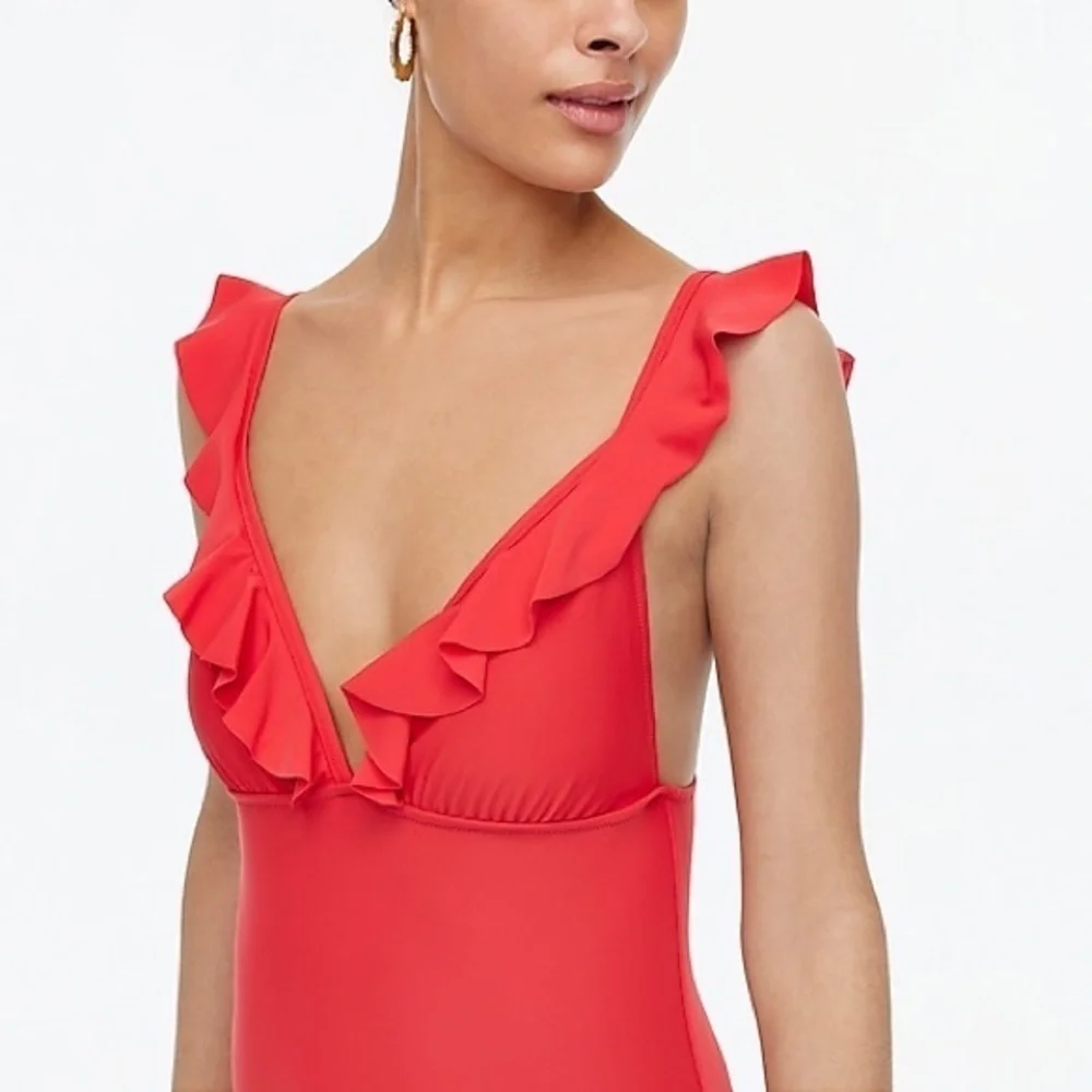 - J crew Ruffle-shoulder V-neck one-piece swimsuit.